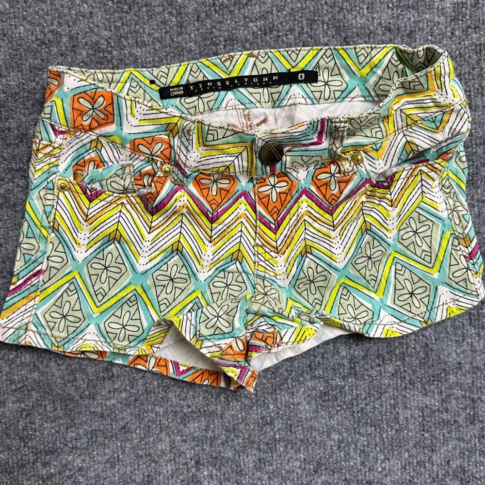 Tinseltown Shorts Womens Size 0 Multicolor Geometric Chevron Stretch Denim Boho